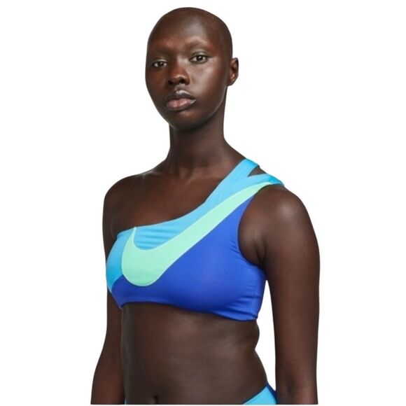 NWT Nike Women’s Asymmetrical Color Block Swoosh Bikini Top Size Large L Blue - Picture 3 of 8